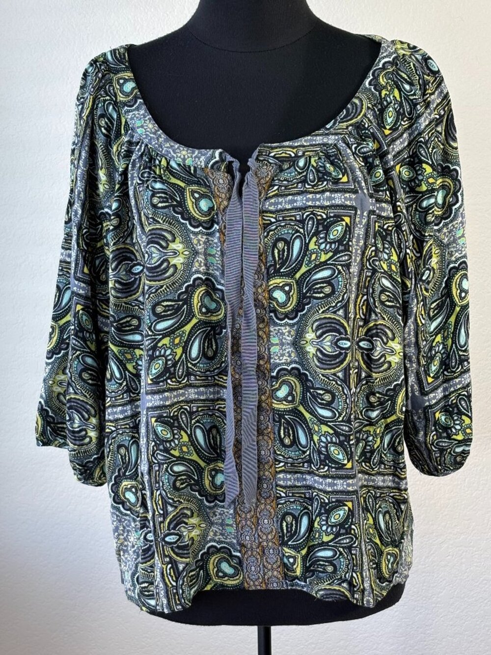 One World Boho Paisley Blouse XL Flowy Peasant Top
